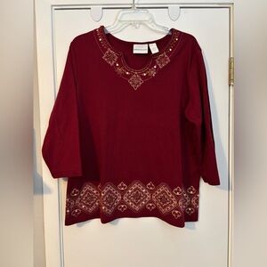 Alfred Dunner Burgundy Embroidered Jewel-Neck Long Sleeve Top